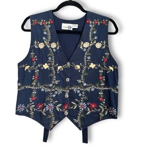 Vintage 90’s Floral Embroidered Blue Denim Vest- Prairie|Cottagecore style